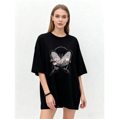 Oversized T Shirt Black Butterfly Print With Text Graphic Women Casual Streetwear Fashion Top Summer Outfit