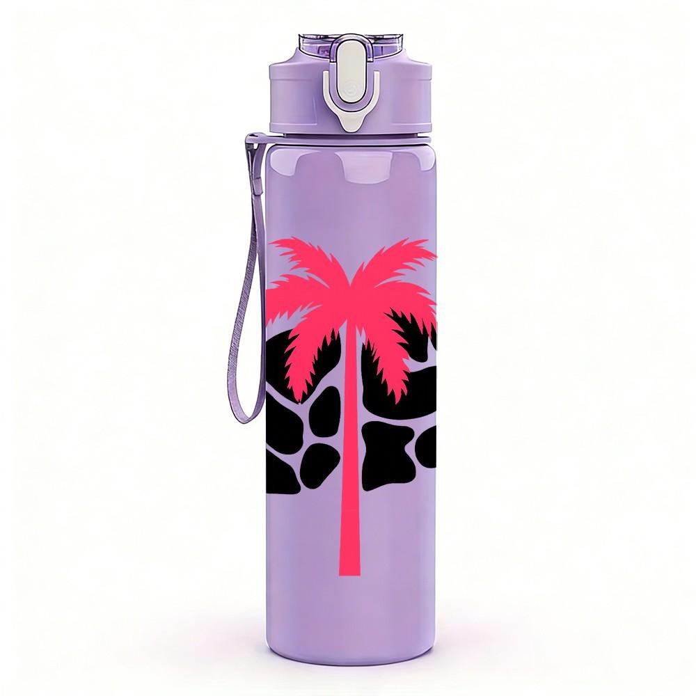 1PC Palm Tree Cow Pattern 750ml Color Plastic Sports Water Bottle Leakproof Flip Straw Lid Suitable for Sports Office Home Use