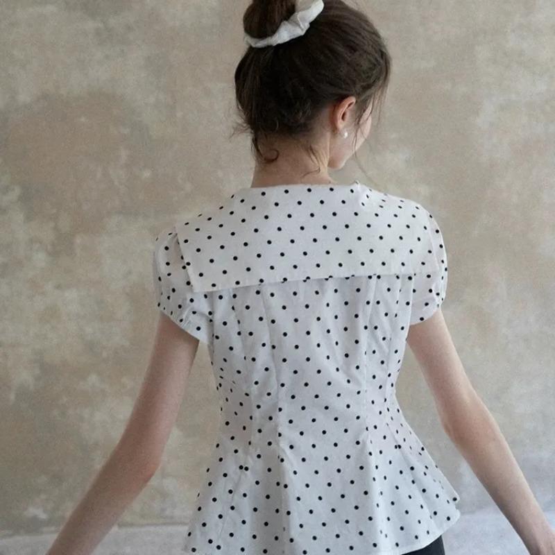 Women's White Polka Dot V-Neck Puff Sleeve Cinched Waist Peplum Casual Blouse