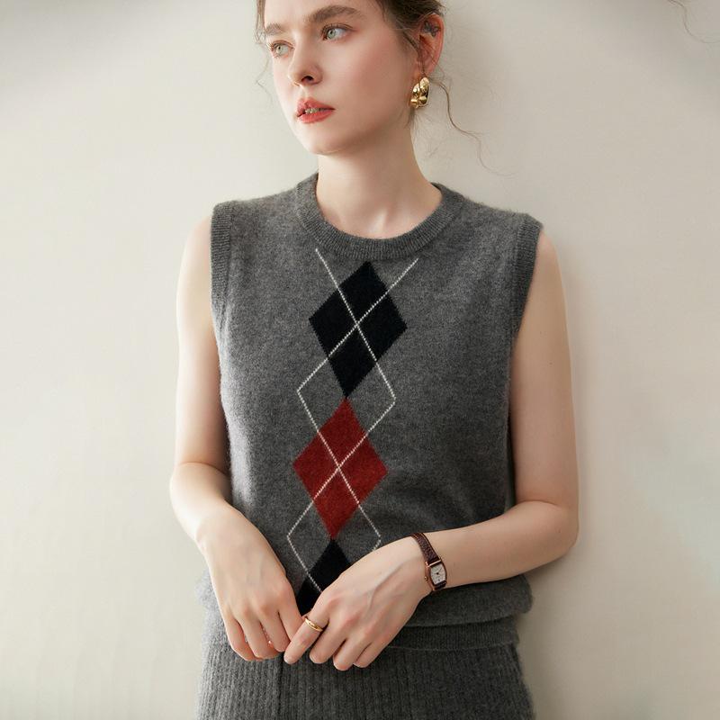 2025 A/W Women's Cashmere Diamond Pattern Sleeveless Knit Sweater Vest
