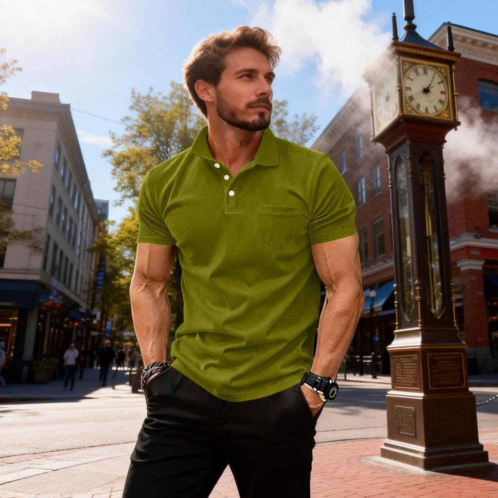 Men’s Short Sleeve Polo Shirt with Chest Pocket Classic Fit Soft Cotton Collared Top for Casual or