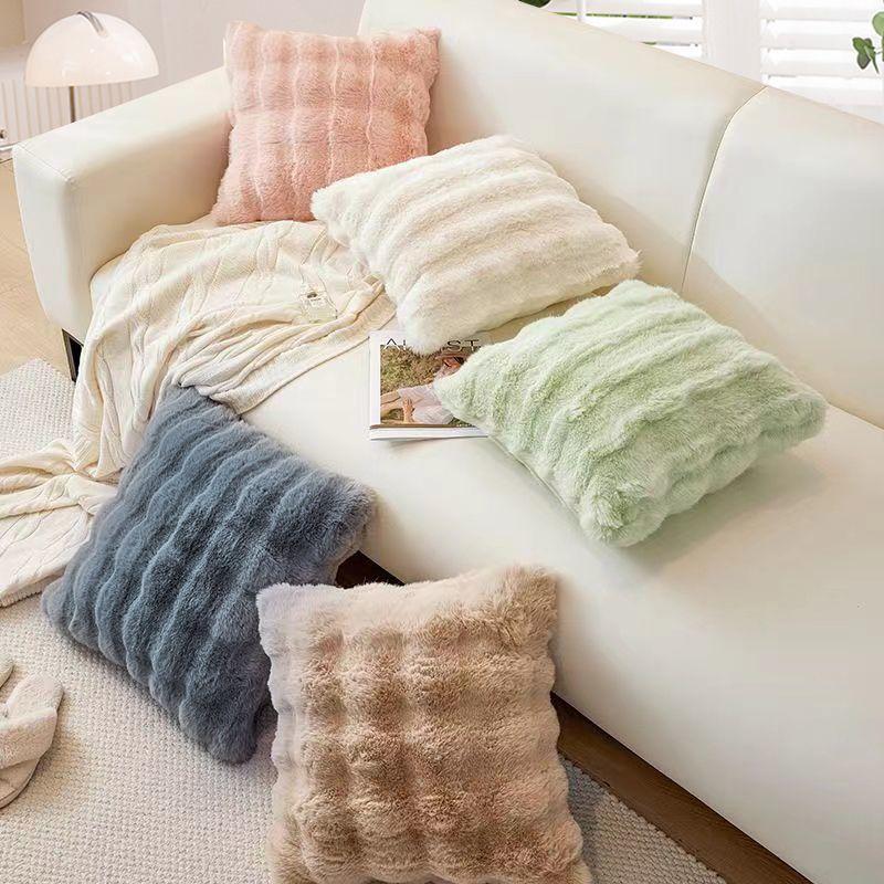 Cream Style Pillow Light Luxury Rabbit-like Plush Pillowcase Plush Living Room Home Sofa Bedroom Bedside Beige Backrest