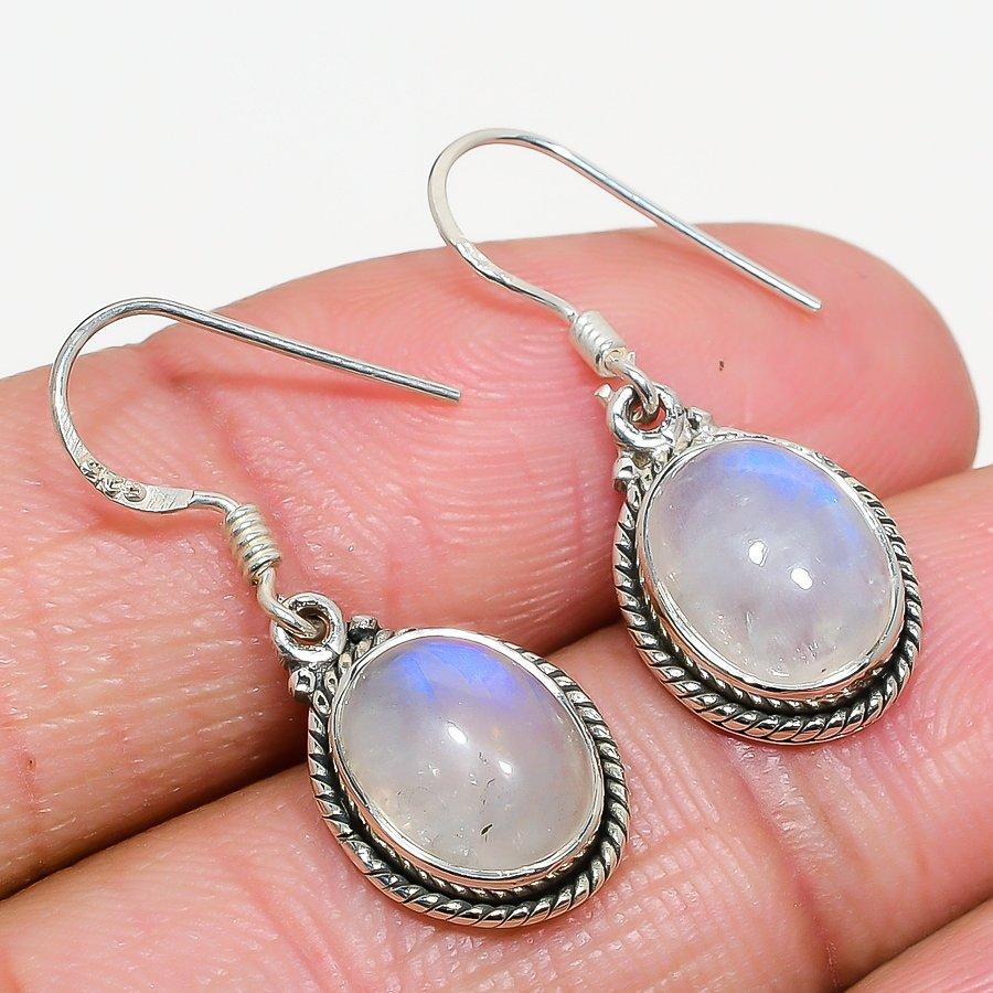 Natural Rainbow Moonstone Gemstone 925 Solid Sterling Silver Earring 1.25" t9W11