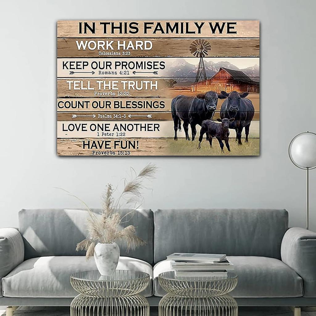 In This Family Black Angus Cattle Poster Cattle Wall Art Canvas Farmhouse Cow Wooden Rustic Inspirational Quotes Art Prints Vintage Themed