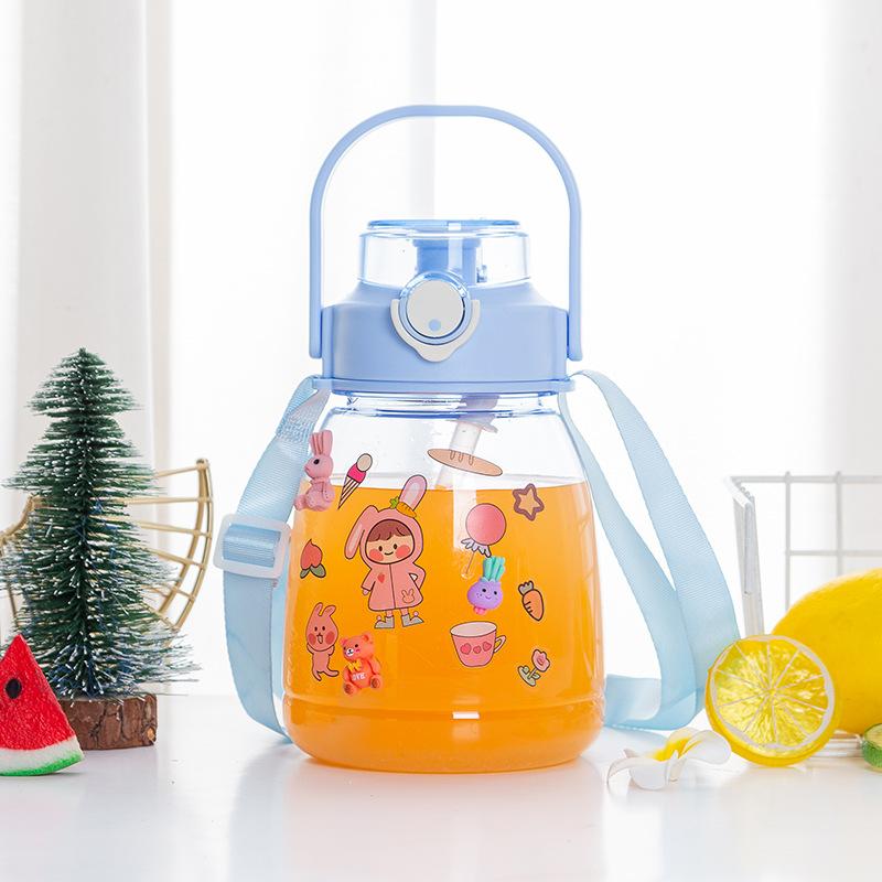 Water Bottleins Large Capacity Plastic Cup with Lifting Rope Crossbody Straw Cup Transparent Bounce Cover Big Belly Cup