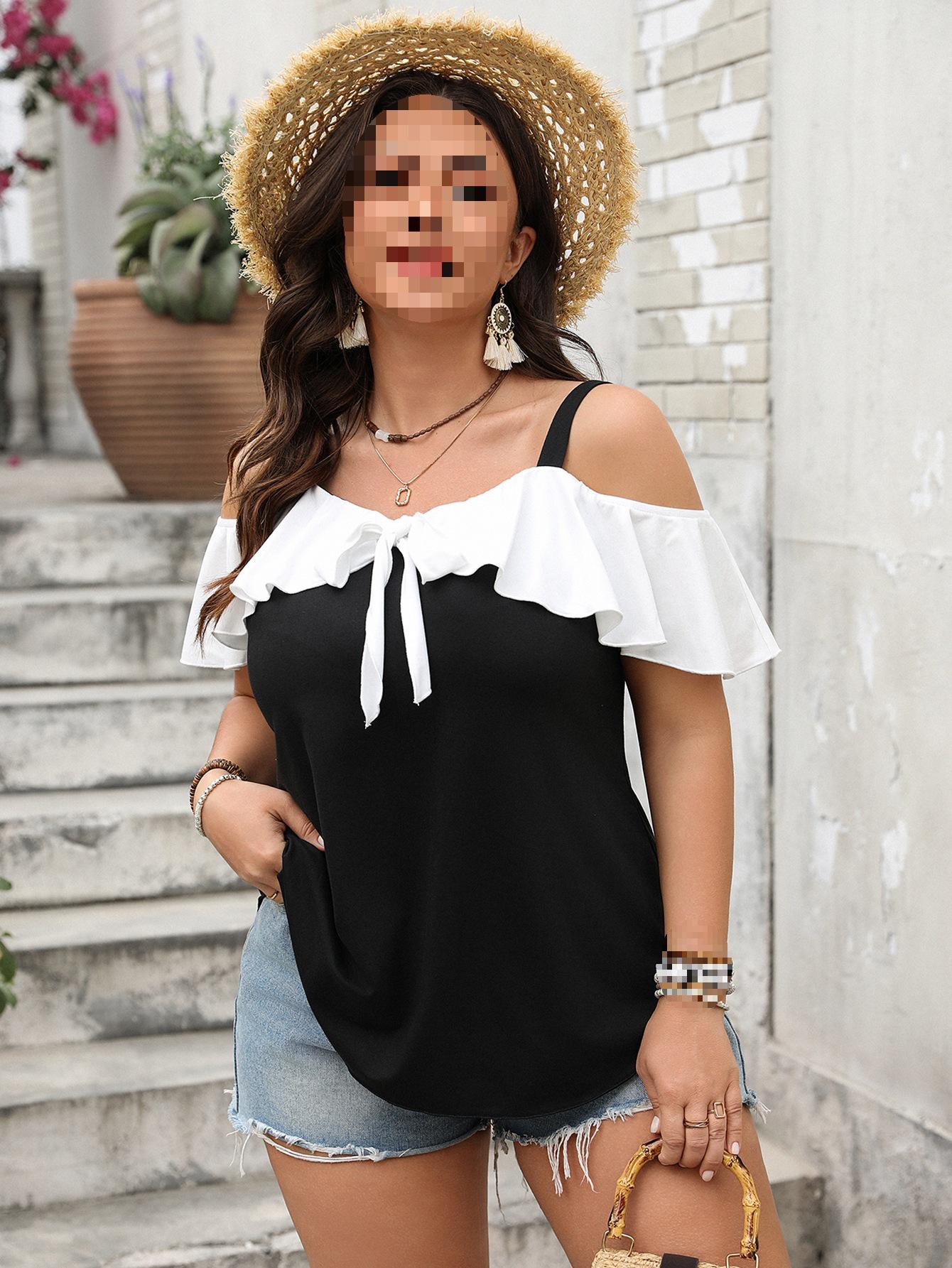 2025 Spring Ruffle Sleeve Off-the-Shoulder Plus Size Women s Shirt 1XL чёрный