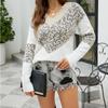 Autumn and Winter Women's Sweater Leopard Print Knit Sweater V-Neck Patchwork Women's Sweater