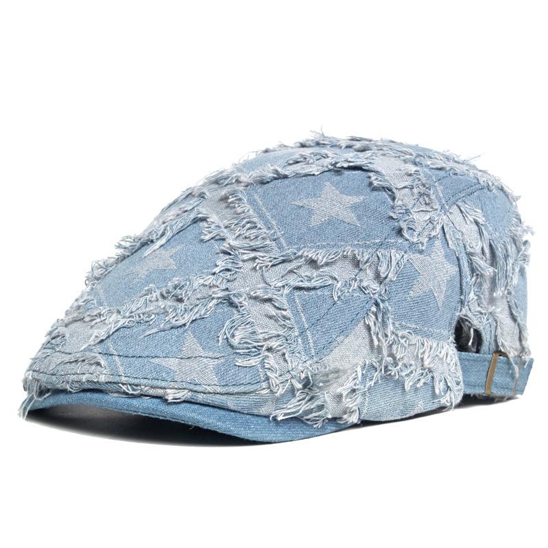 Women Denim Berets Hats Newsboy Caps Cotton 56-61cm Four Seasons Distressed Raw Edges Star Pattern Fashion Hat