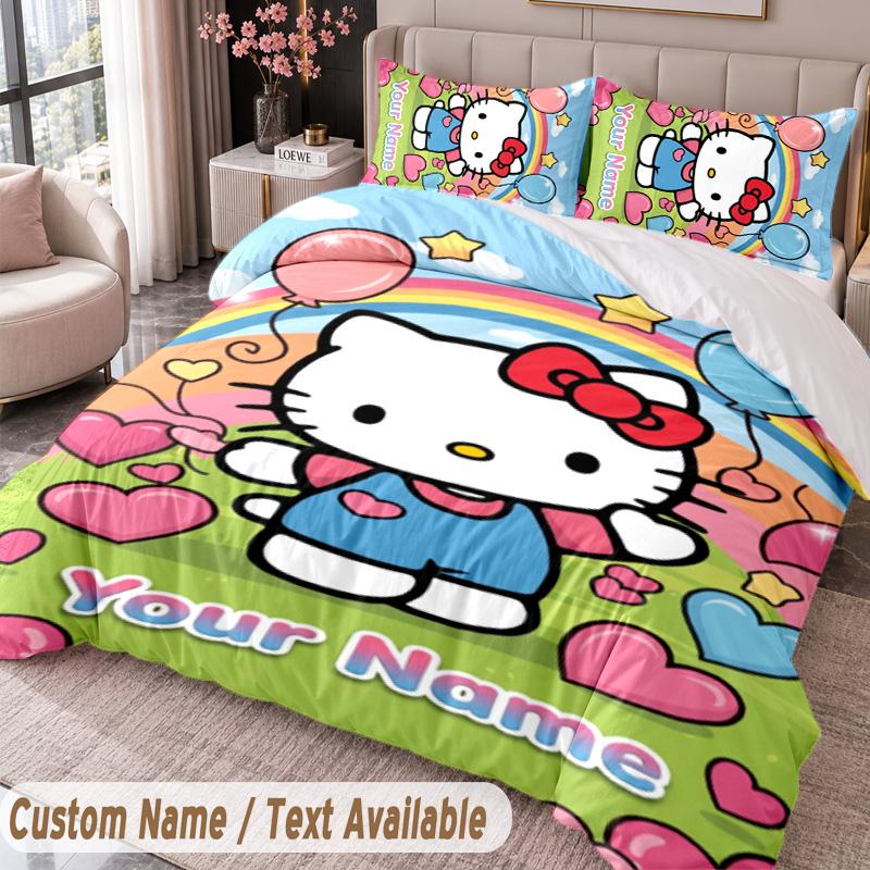 Custom Name Text 3Pcs Bedding Set Hello Kitty Duvet Cover And Two Pillowcases