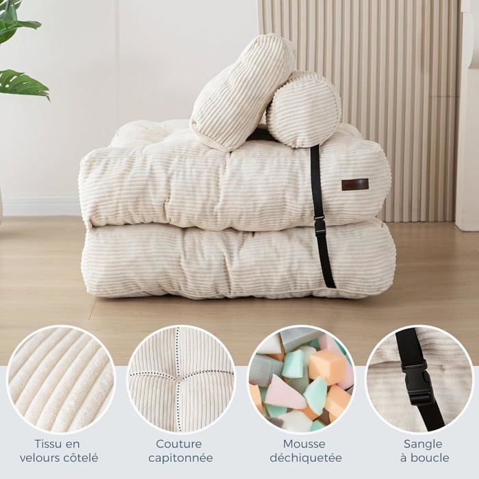 Divano letto trasformabile pieghevole con cuscino, materasso con supporto lombare, lettino prendisole portatile e confortevole per soggiorno, beige
