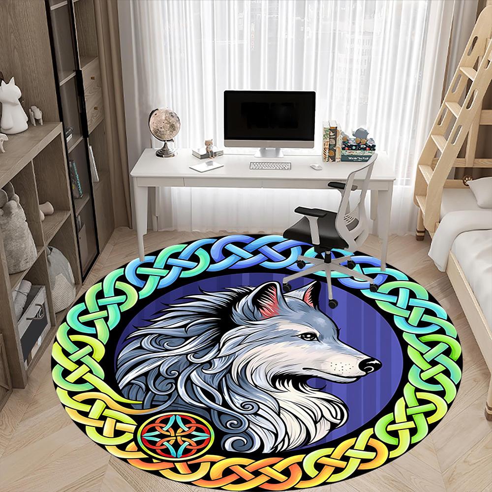 1pc Wolf Celtic Knotwork Chair Carpet for Office, Soft, Non Slip Polyester Mat, Office, Entryway, Living Room, Bedroom
