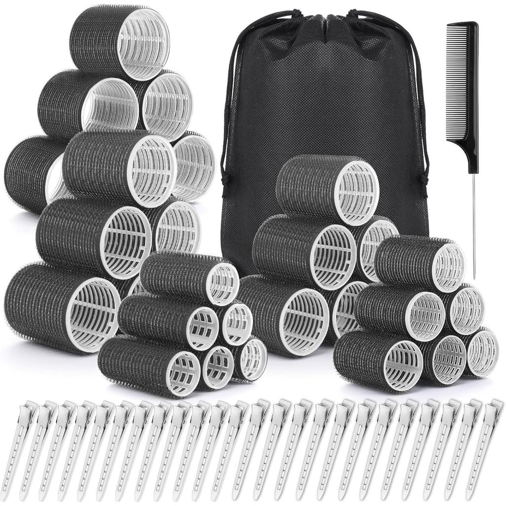 39PCS Self Grip Hair Rollers Curlers 3 Sizes Black Hair Roller 2.5in, 1.9in, 1.4in, Jumbo Hair Roller with 12PCS Duckbill Clips Hair Rollers for Long