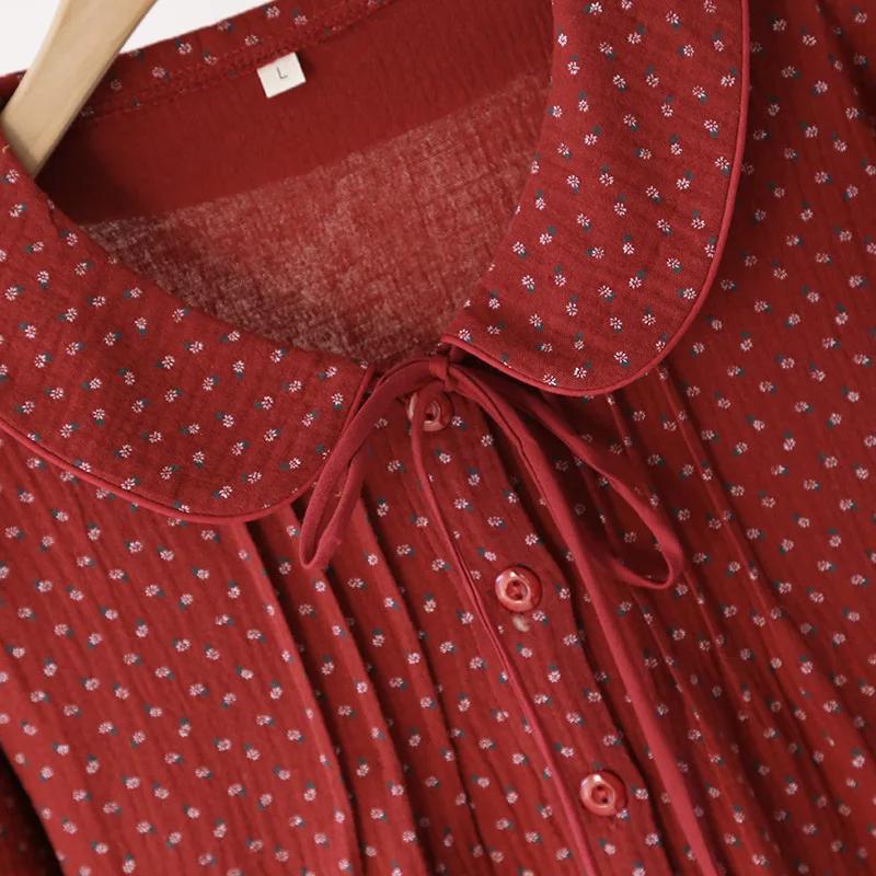 2026 New Spring and Autumn Women's Sleeping Skirt 100%Cotton Crepe Red Large Size Long Sleeve Home Sleeping Skirt Princess Skirt