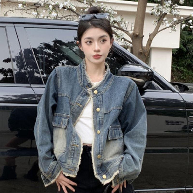 Autumn Retro Raw Edge Denim Jacket - Slimming, Loose Fit with Pockets