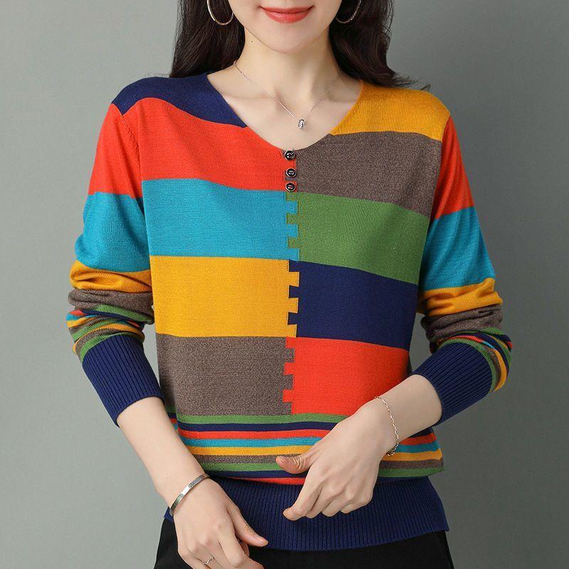 Spring Autumn New V-neck Long Sleeve Fashion Sweater Women High Street Contrast Color Pullovers Elegant Button Patchwork Tops