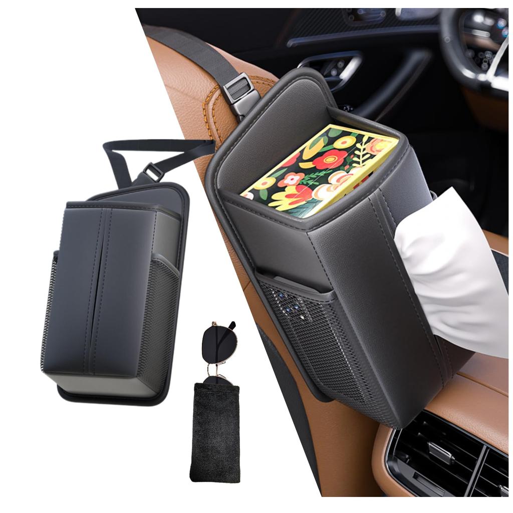 VOMIREL Car Tissue PU Large Capacity Fits Small and Easy Universal Includes Glasses Pouch Case, Leather, Storage, Seat-Side Mount, Smartphones, Cards,