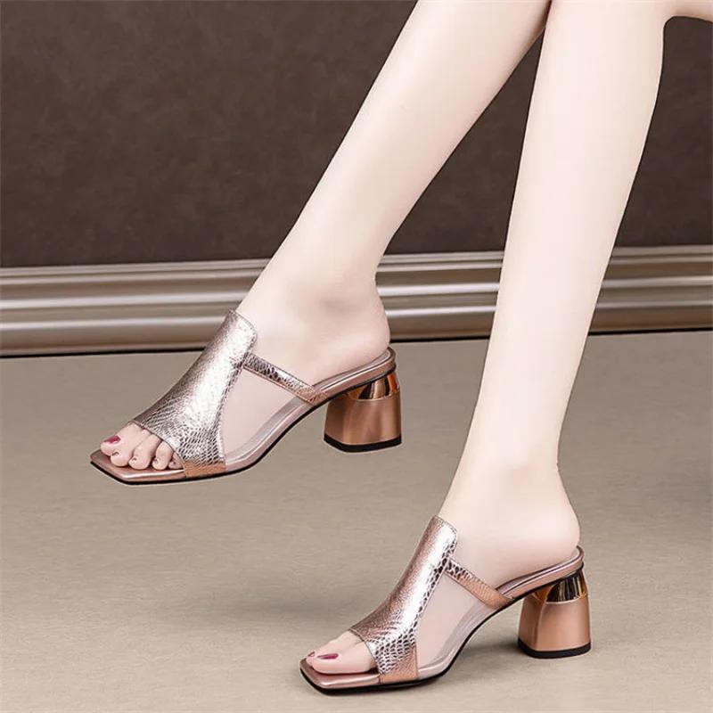 New Women's Shoes Fashion Large Size Breathable Thick Heels Comfort Square Head Slippers Shoes for Women Zapatos De Mujer 2025