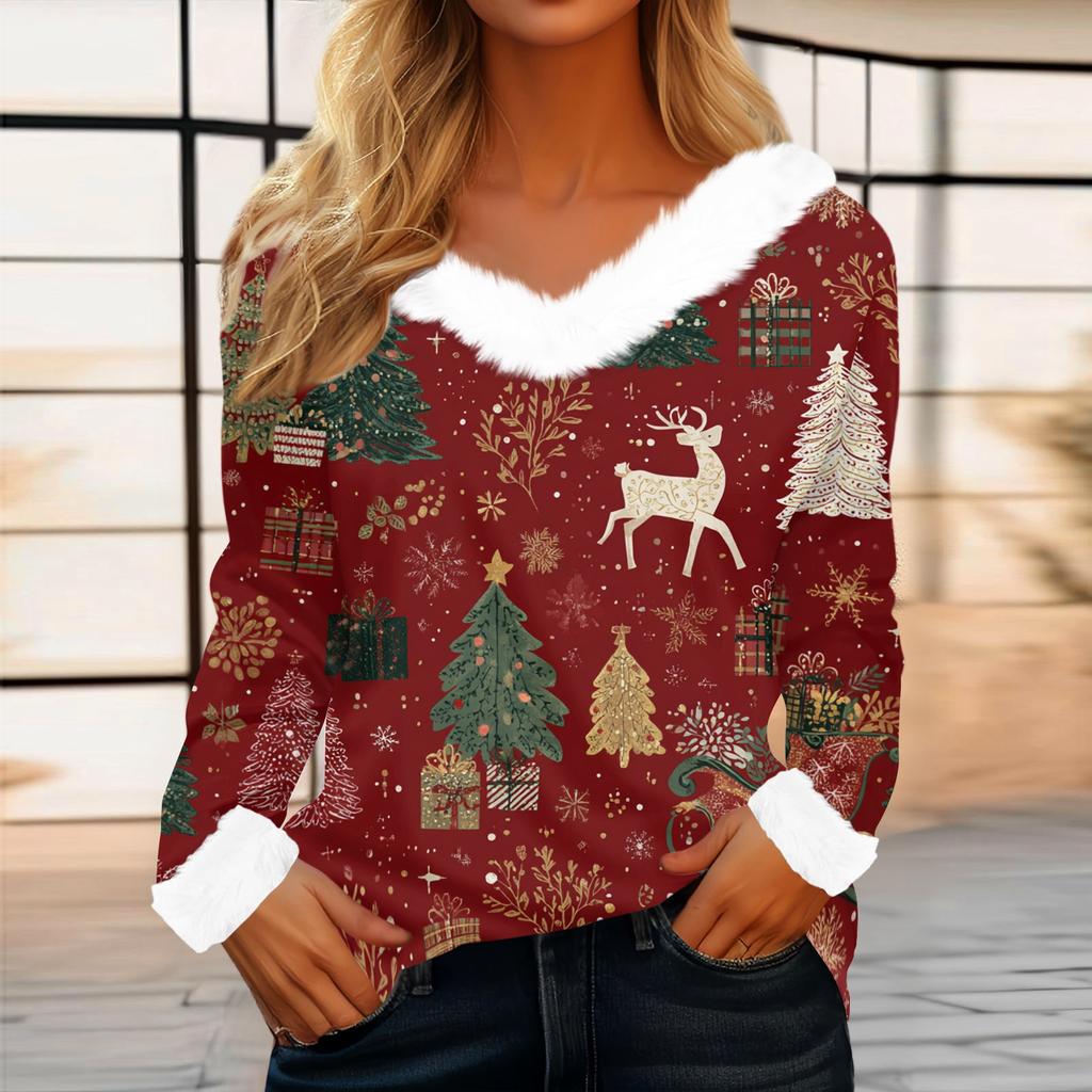 Women's Casual Fashion Long Sleeve Christmas Printed Flannel Collar Top