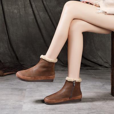 New In Autumn and Winter, First-layer Cowhide Velvet Warm Snow Boots, Women's Round Head Thick Velvet Flat Bottom