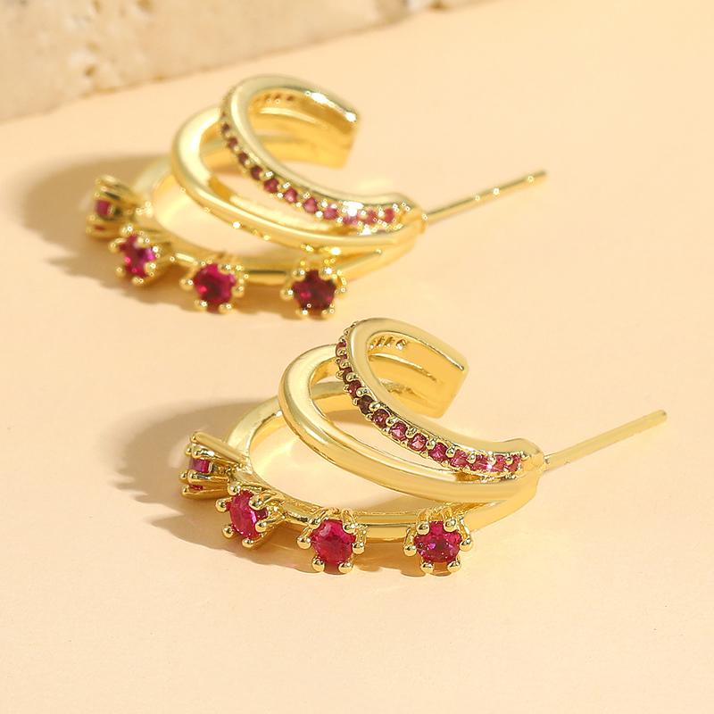 Exquisite Copper Inlaid Zircon C-Shaped Hoop Earrings for Women Niche Fashion Metal Multi-Layer Charms Earrings Luxury Zircon