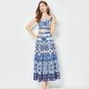 Elegant Porcelain Pattern Two Piece Set Women Flower Print Short Crop Top Pleated Maxi Skirt Suits Female Patchwork Vintage Strap Sets 2024