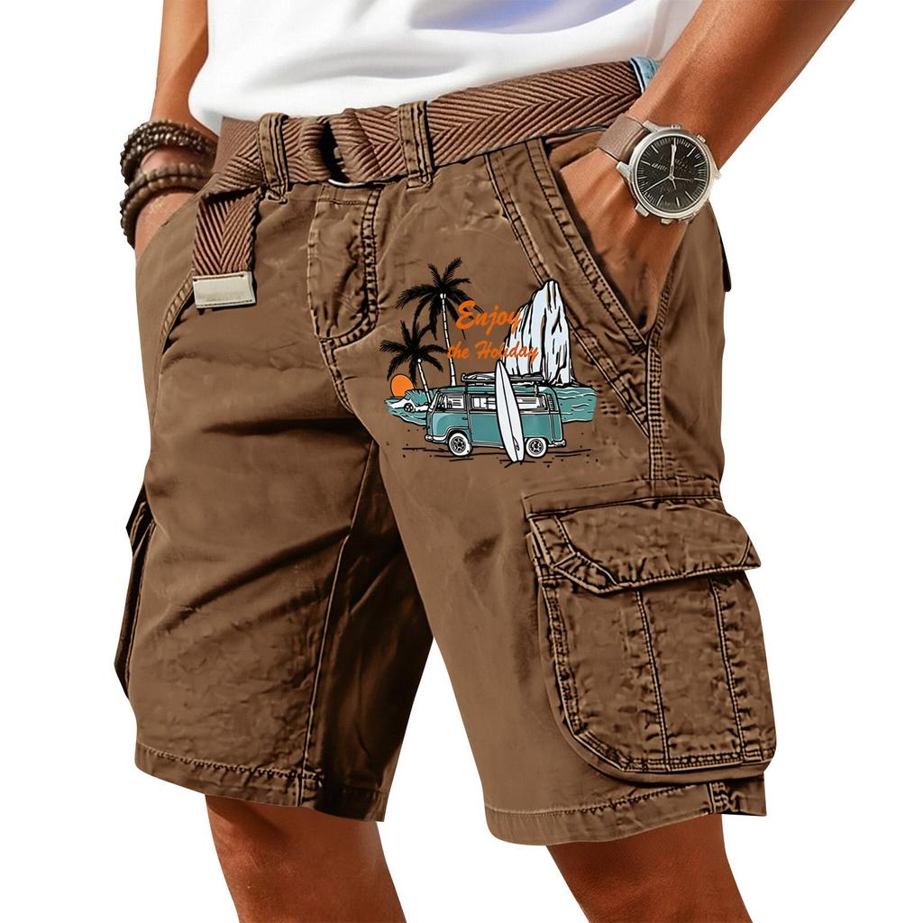 Men's Summer Printed Casual Multi Pocket Cargo Shorts Without Belt Loose Fit Cotton Fabric Classic Style