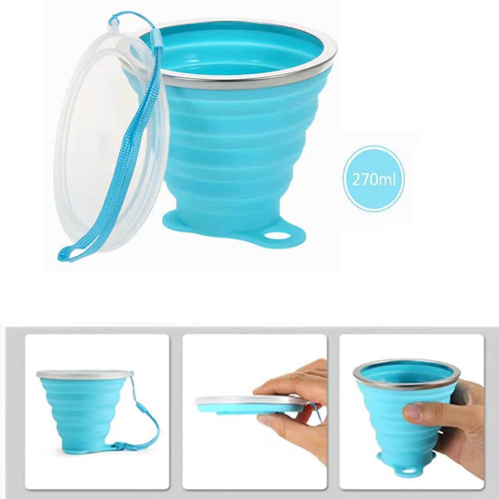 270ML Silicone Collapsible Travel Cup Silicone Folding Camping Cup with Lids - Expandable Drinking Cup Set Portable Graduated