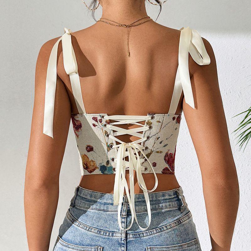 Sense Fishbone Corset Cross-Border European, American and French Style Floral Vintage New Arrival Print Contrast Color Slim-Fit Lace Up Camisole
