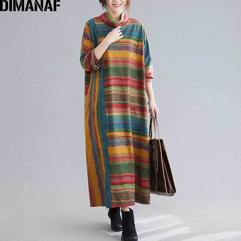 Dimanaf Autumn Winter Long Sleeve Dress Oversize Turtleneck Striped Cotton Thick Vintage Lady Loose Maxi Dress Women Clothing