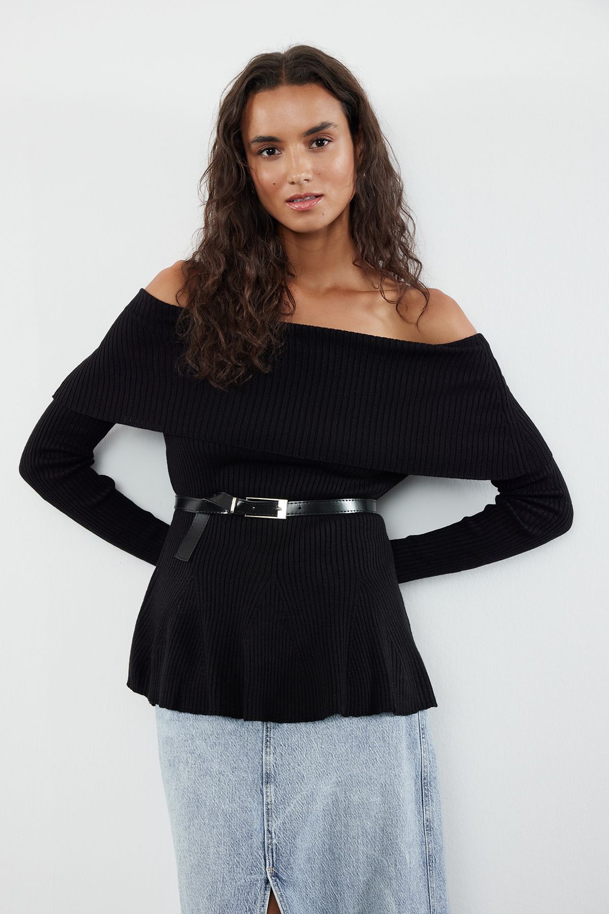 

Women s Elegance Style Sweater Black Belted Carmen Collar Knitwear Sweater