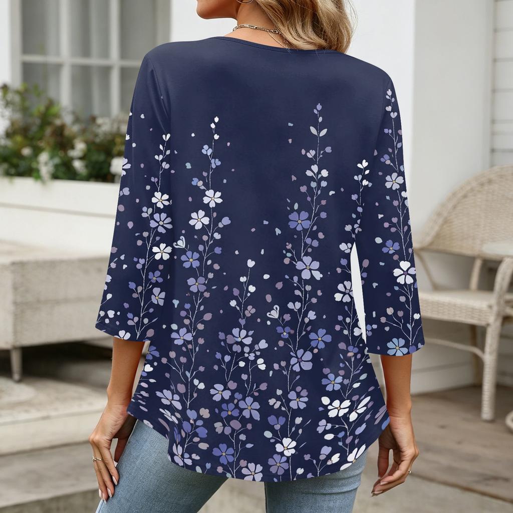Womens 3/4 Sleeve V Neck Button Detail Floral Print Tunic Top Lightweight Casual Shirt