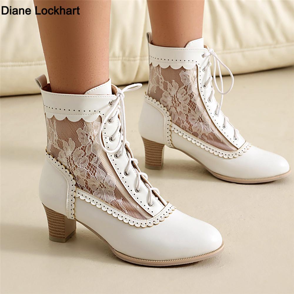 Fashion Women Victorian Ankle Boots Leather Lace Hollow Mesh Heel Shoes for women Fashion Lace-up Spliced Ladies High Heels Woman Boots