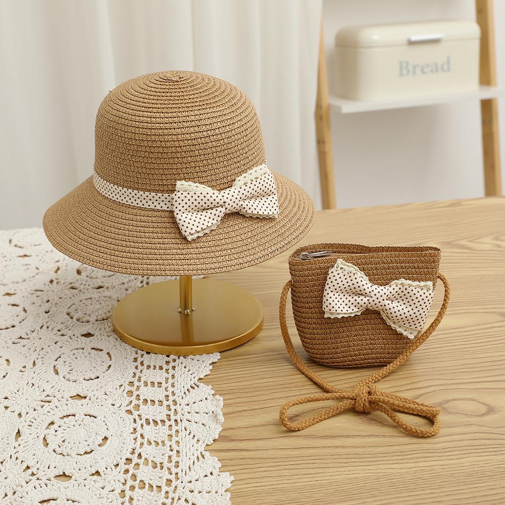 New Fashion Beach Hat Cute Outdoor Parent-child Hats 2-piece Womens Beach Set Sun Hat and Woven Bag Lightweight and Breathable