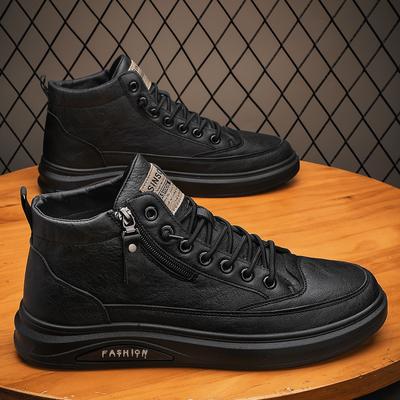 Men Casual Sneakers Leather Comfortable Luxury Casual Mens Soft Boots Mid Top High Side Zipper Plate Shoes Tenis Masculino