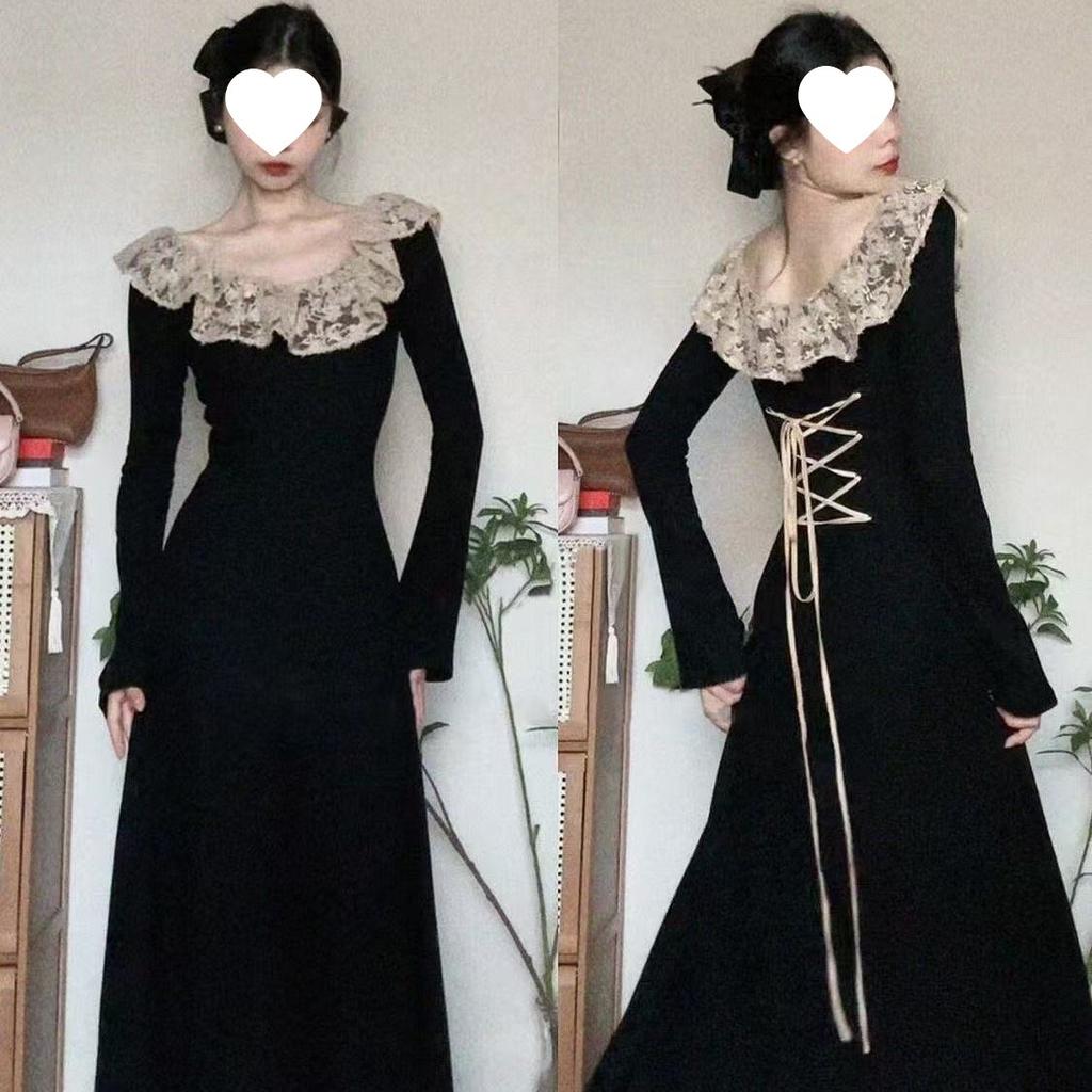French Hepburn New Long-sleeved Autumn and Winter New Thin Lace Temperament Long Dress Black Dress