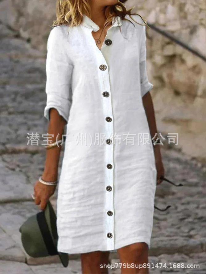 New European and American women's clothing spring and summer shirt collar large round button pure cotton cotton and linen dress