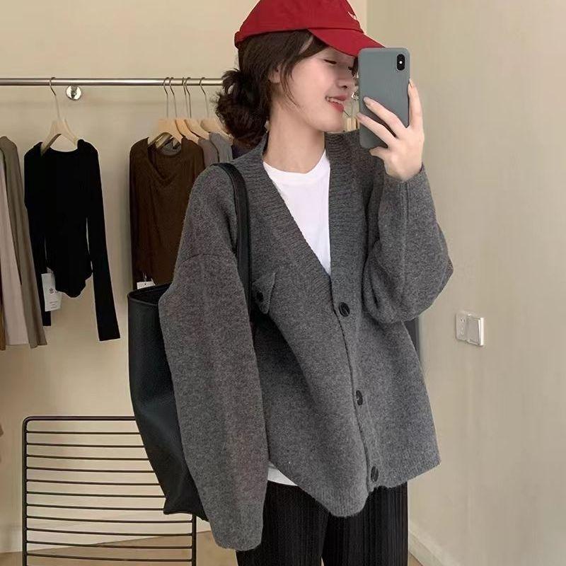 Sweater Cardigan Female Autumn and Winter V Neck Vintage Sweater Cardigan Coat Women Versatile Loose Knitted Sweater Outwear