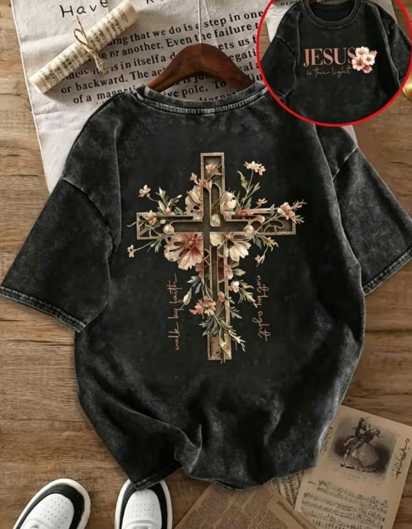 Floral Christian Inspirational Quotes Bible Scripture Patterns On Both Sides Round Neck Short Sleeved Shirt Gift for Women Tops