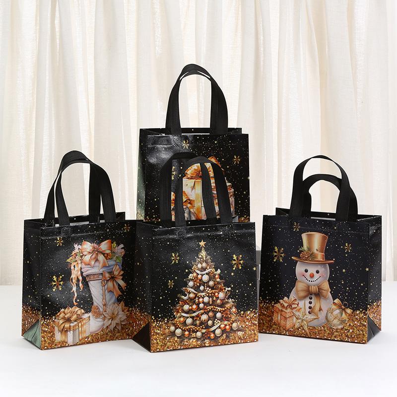 1 STuks met Handvatten Sneeuwpop Cadeautassen Zwart & Gouden Kerstboom & Kous Ontwerp Tote Bags Waterdicht
