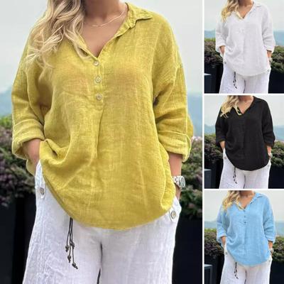 Damen-Hemd mit Revers, Knöpfen, halber Knopfleiste, langärmelig, lässiges Oberteil, einfarbig, lockere Passform, für die Arbeit, Freizeit