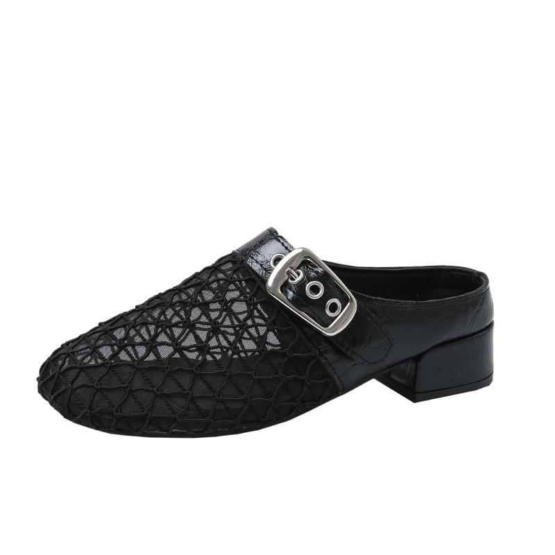 Fashion Fashion Baotou Slippers Summer New Round Head Mesh Cloth Metal Buckle Anti-slip Wear-resistant Heel Shoes