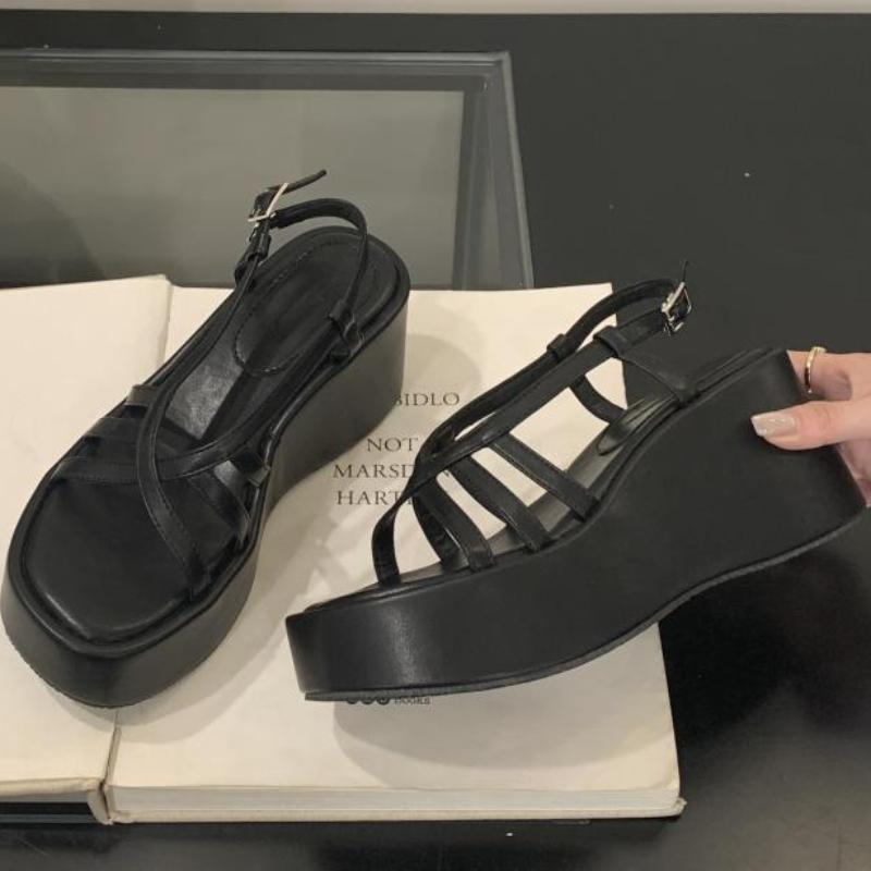 

Silver Cross Tied Wedge Women Thick Heel Sandals 2025 Summer New Designer Open-toe Flat Roman Shoes Fashion Casual Office Sandal 39 чёрный
