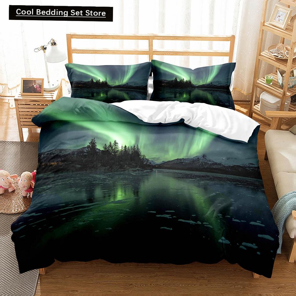 Nordlichter King Queen Bettbezug Naturlandschaft Bettwäscheset Bunter Himmelsausblick Steppdeckenbezug Polyester Bettdeckenbezug