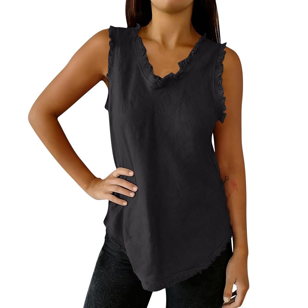 Women's Fashionable Color Round Neck Sleeveless Fringe Patchwork Casual Loose Cotton And Linen Top