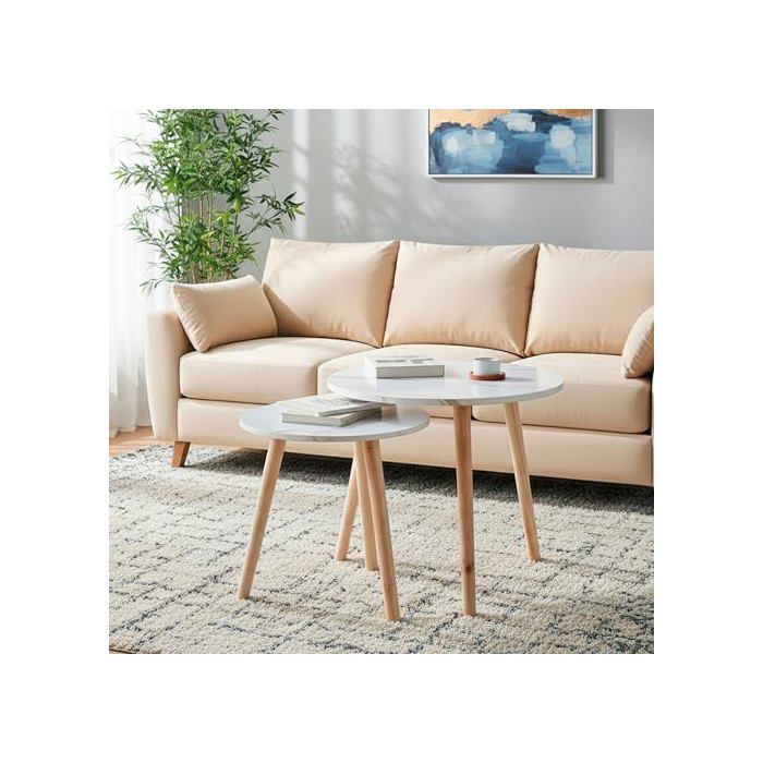 Tables d'appoint - AKTIVE - Lot de 2 - 40x44 cm - 50x50 cm - Blanches - Pieds en bois naturel - Effet marbre