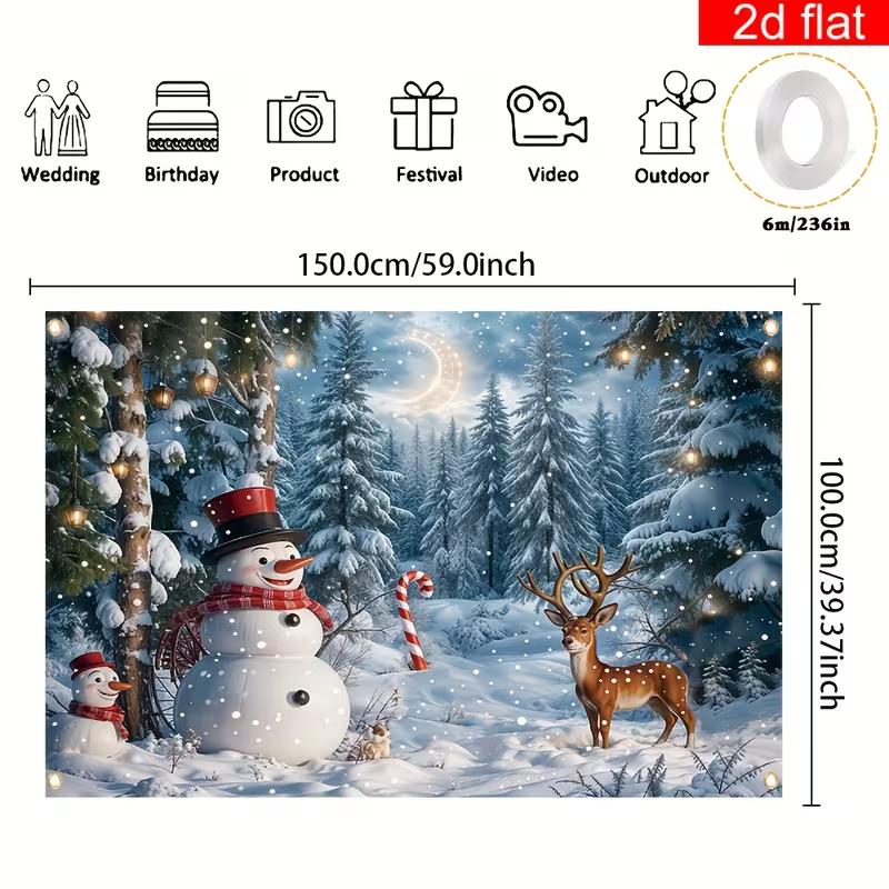2D Christmas Winter Forest Backdrop Snowman Reindeer Party Photography Background
