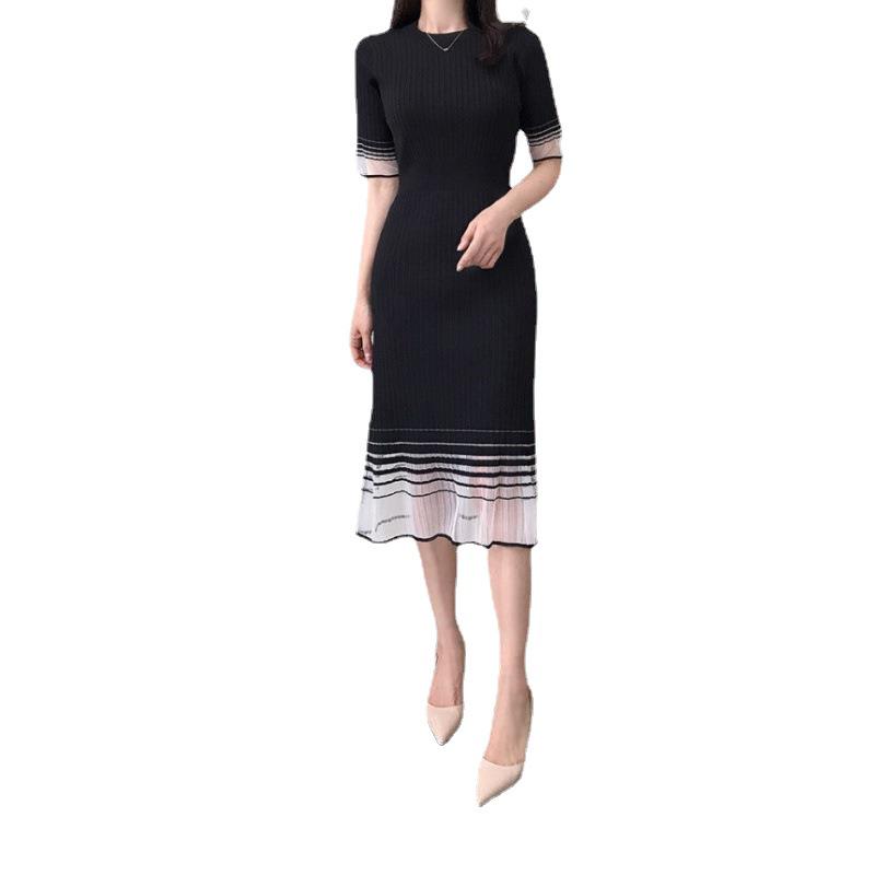 New Summer Color-Block Knitted Dress with Organza Splicing, Round Neck, and Mid-Length Bodycon Design