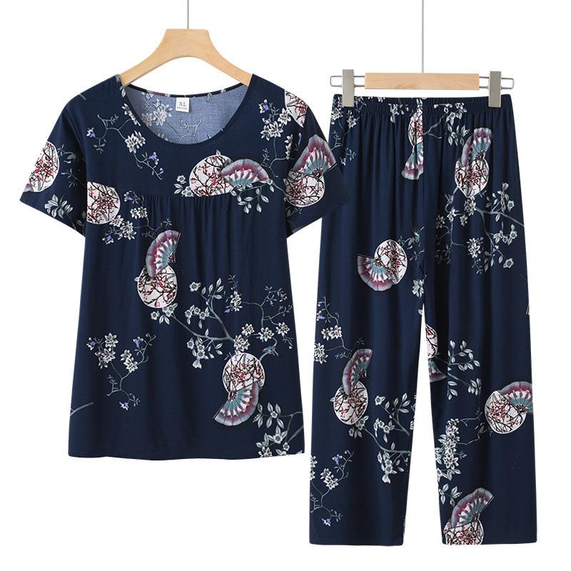 Women Loose Fit Suit Flower Printed Women's Top Pants Set with Retro Style Elastic Waist Breathable Fabric 2 for Grandmother's