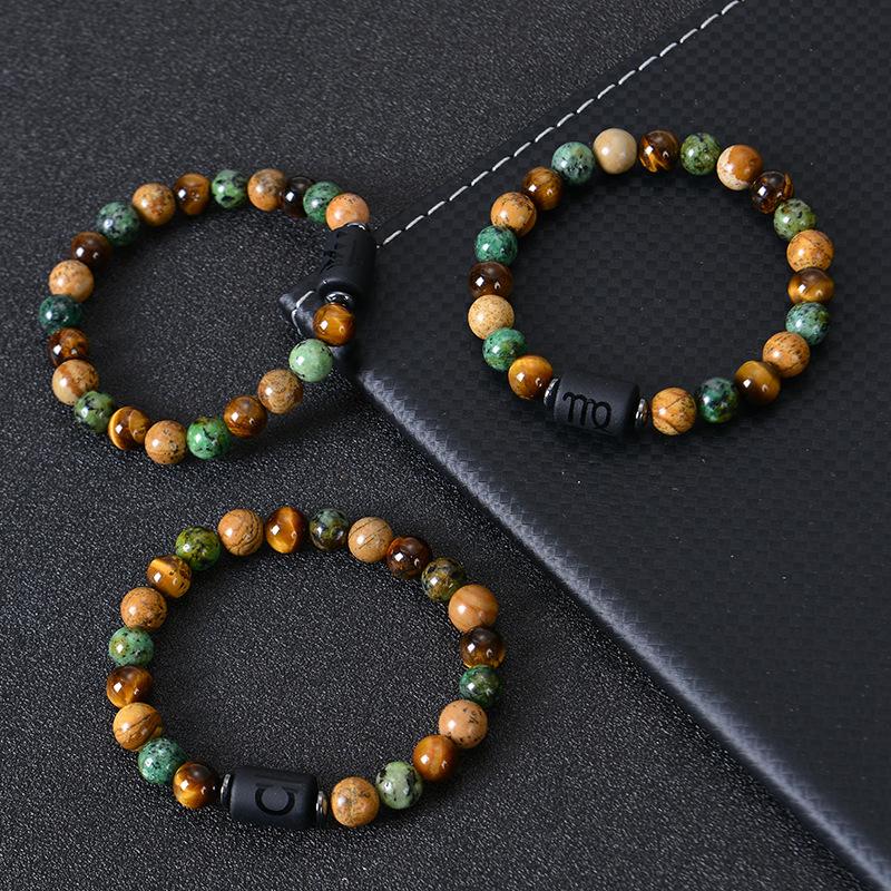 Natural Stone Tiger Eye Picture Jasper Round Beads 12 Constellation Bracelet for Men and Women Zodiac Signs Bracelet Aries