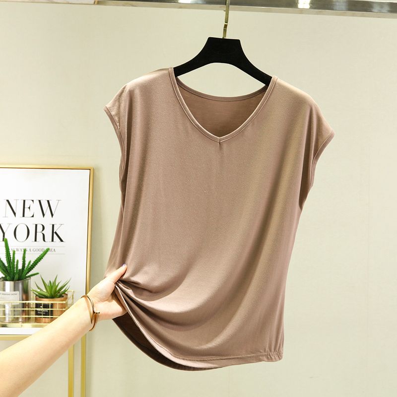 

Modal V-neck Women s Summer Thin Casual Sleeveless T-shirt Khaki M (recommended 40.00 kg-50.00 kg